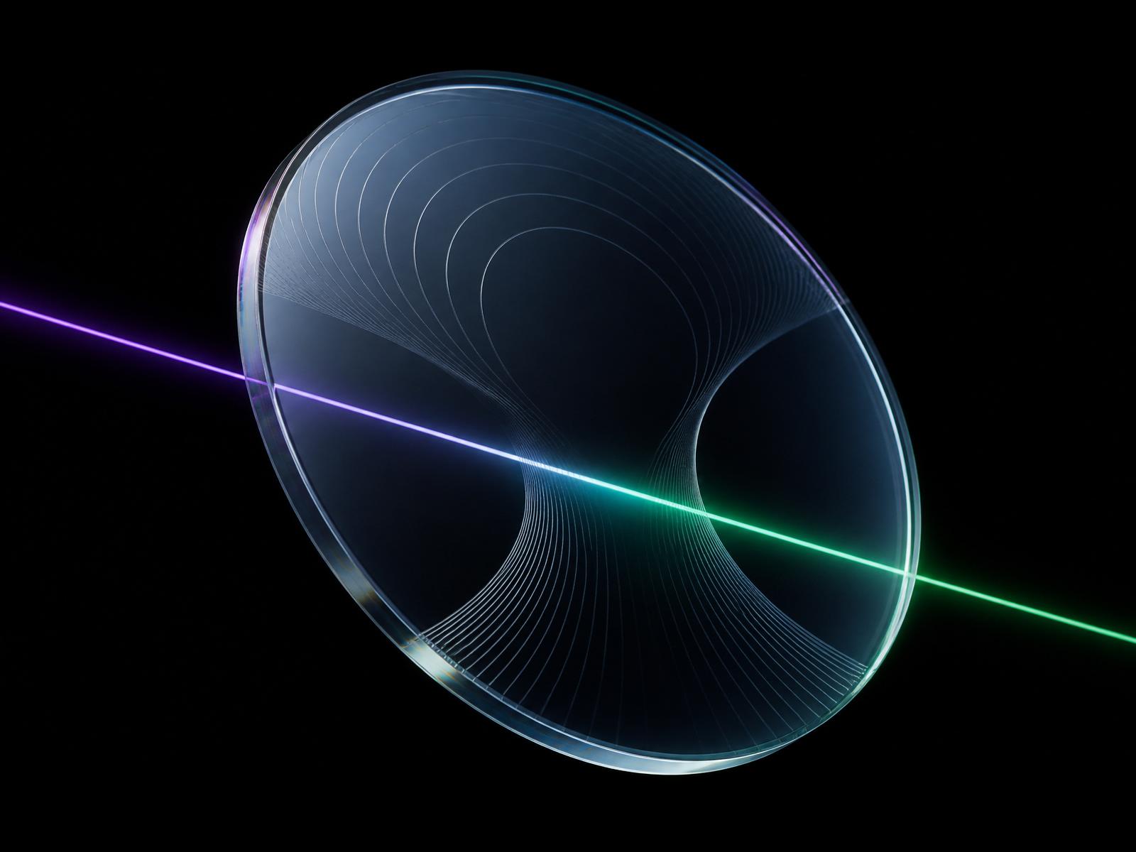 Doppelseitig progressives Brillenglas mit refraktierendem Lichtstrahl